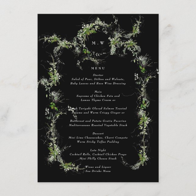 Menu Casamento Eucalyptus Wreath, Monograma Preto Premi (Frente)