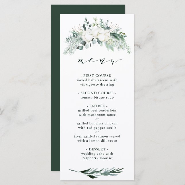 Menu Casamento Evergreen & Cotton Flores Elegante (Frente/Verso)