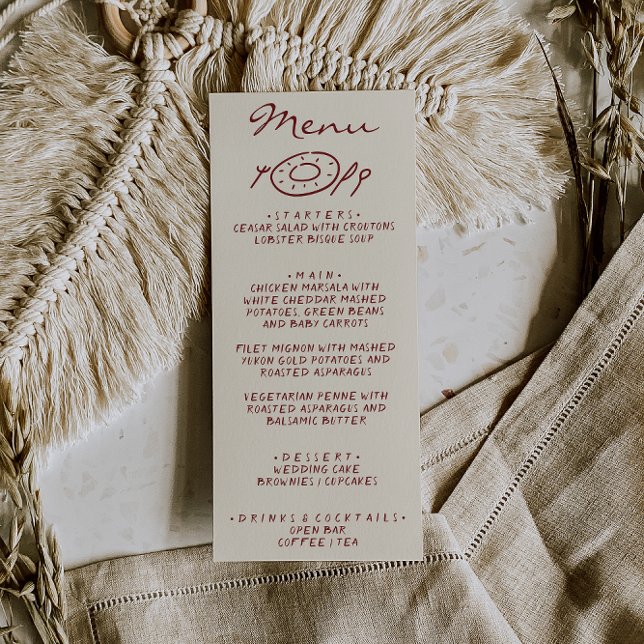 Menu Casamento Excêntrico Burgundy Desenhado à Mão (Criador carregado)