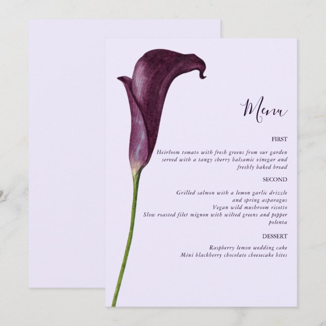 Menu Casamento Flor de Lírio Calla Roxa Elegante (Frente/Verso)