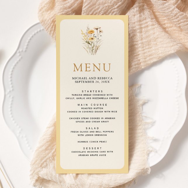 Menu Casamento Floral Amarelo Boho Wildflower (Criador carregado)