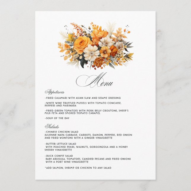 Menu Casamento Floral Amarelo, Laranja e Marfim (Frente)