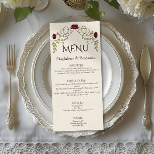 Menu Casamento Floral Art Nouveau Rosa Borgonha Vintage