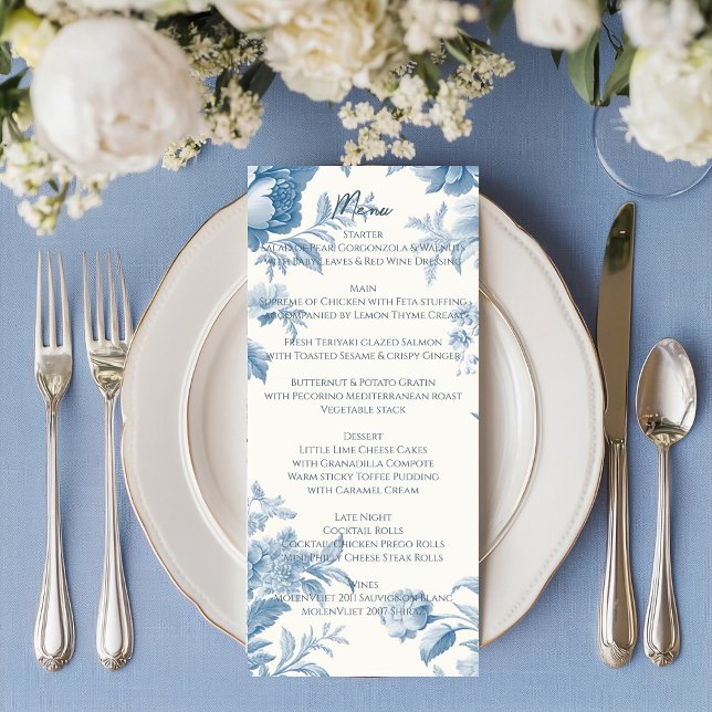 Menu Casamento Floral Azul-Azul, Toile Francesa Elegant (Criador carregado)