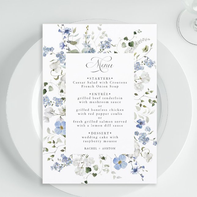 Menu Casamento Floral Azul Branco Verde Elegante (Criador carregado)