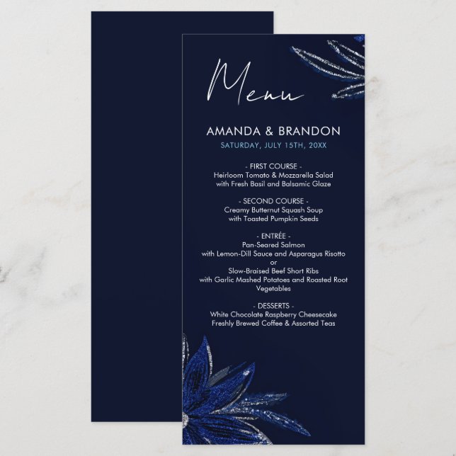 Menu Casamento Floral Azul Chic Silver e Marinho (Frente/Verso)