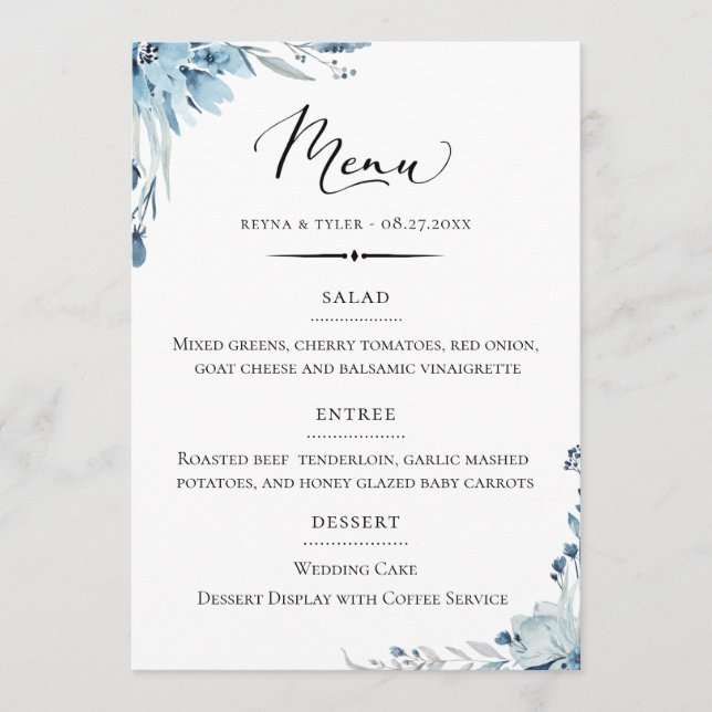 Menu Casamento Floral Azul com Dusty Typografia Chic (Frente)