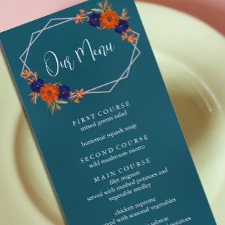 Menu Casamento Floral Azul de Marinho Laranja de Outono