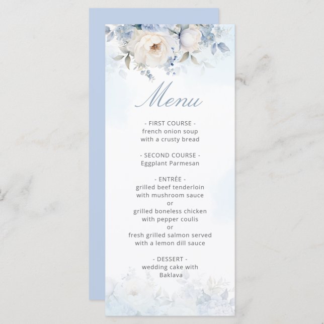 Menu Casamento Floral Azul-Dusty, Elegante (Frente/Verso)