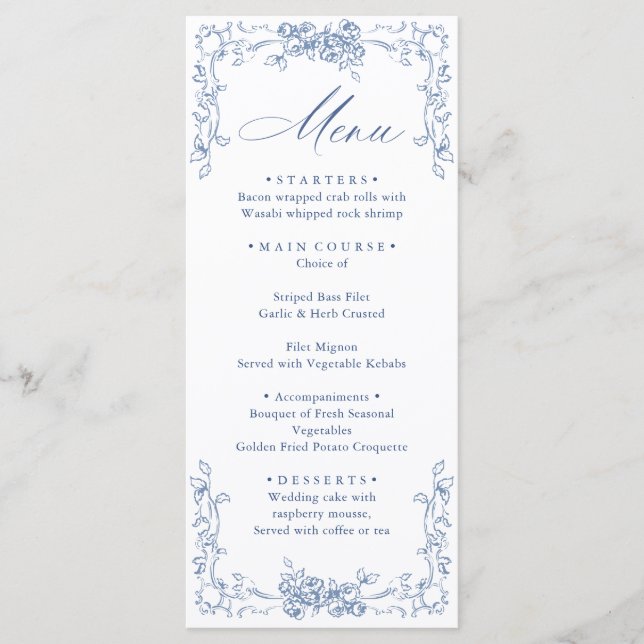 Menu Casamento Floral Azul Dusty Ornamentado Renascenti (Frente)