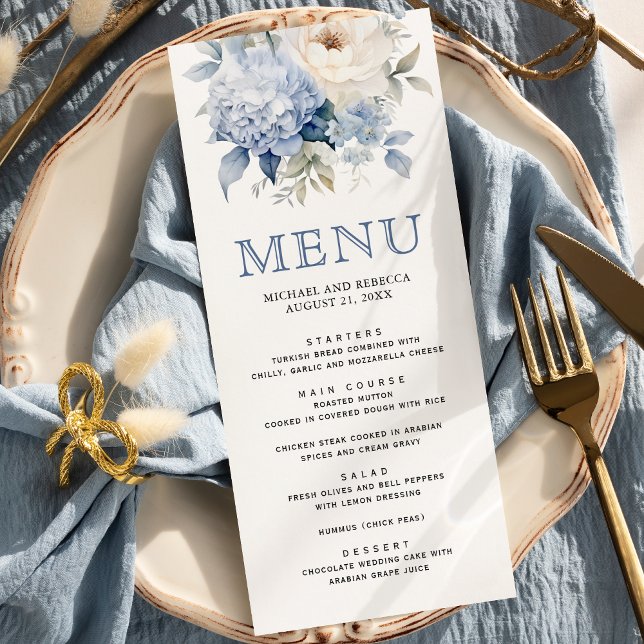 Menu Casamento Floral Azul e Branco Empoeirado (Criador carregado)