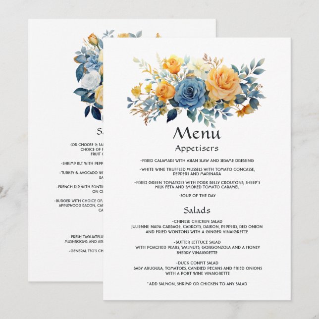 Menu Casamento Floral Azul e Dourado (Frente/Verso)