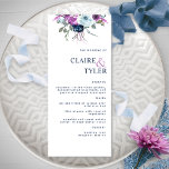 Menu Casamento Floral Azul e Roxo Chic Moderno Elegante<br><div class="desc">Aprecie seus convidados com este cartão elegante de cardápio de casamento com um sentimento na moda, moderno. Design com delicado detalhe floral de aquarela no topo numa bela mistura de matizes roxas e azuis. Uso da tipografia de blocos modernos em azul. Capacidade de personalizar todas as seções de texto usando...</div>