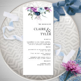 Menu Casamento Floral Azul e Roxo Chic Moderno Elegante