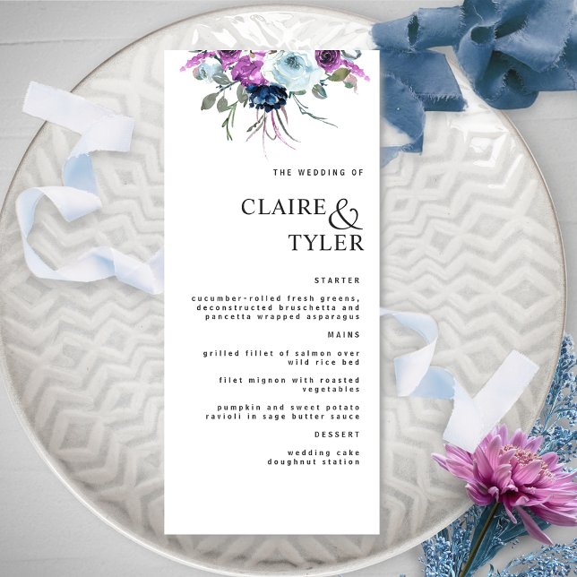 Menu Casamento Floral Azul e Roxo Chic Moderno Elegante (Criador carregado)