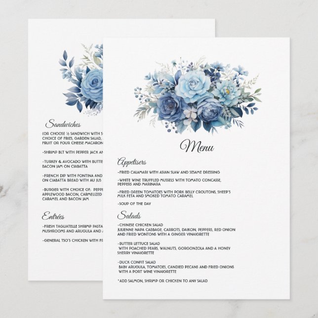 Menu Casamento Floral Azul Empoeirado (Frente/Verso)