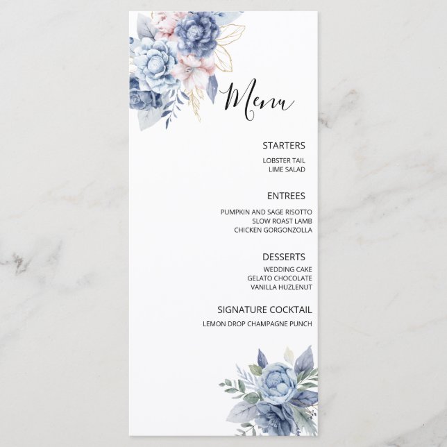 Menu Casamento Floral Azul Empoeirado (Frente)