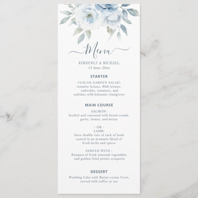 Menu casamento floral azul empoeirado (Frente)