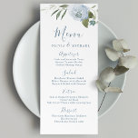 Menu Casamento floral azul empoeirado de jardim românti<br><div class="desc">Romântica com aquarela floral em azul empoeirado e verde-sábio,  elegante e romântico,  cartões de cardápio de excelente para casamento moderno,  casamento romântico e casamento de jardim botânico em primavera e verão. Veja todas as peças correspondentes na coleção.</div>