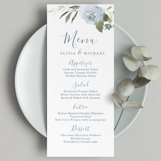 Menu Casamento floral azul empoeirado de jardim românti (Romantic garden dusty blue floral wedding menu)