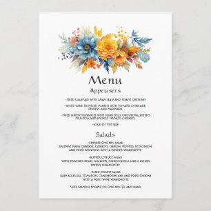 Menu Casamento Floral Azul, Laranja e Amarelo