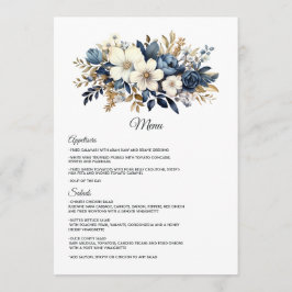 Menu Casamento Floral Azul Marinho, Branco e Dourado