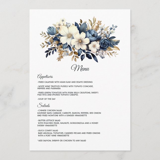 Menu Casamento Floral Azul Marinho, Branco e Dourado (Frente)