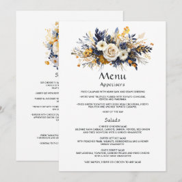 Menu Casamento Floral Azul Marinho, Branco e Dourado