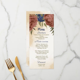 Menu casamento floral azul-marinho de terracotta