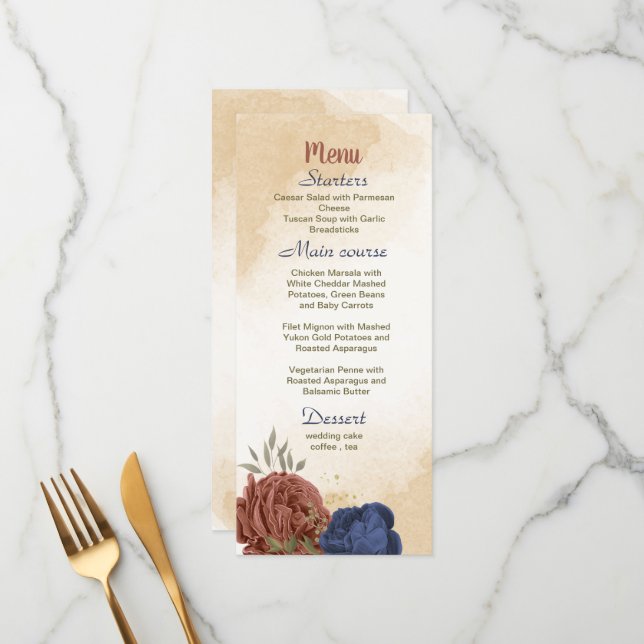 Menu casamento floral azul-marinho de terracotta (Frente/Verso In Situ)
