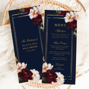 Menu Casamento Floral Azul Naval Bege Borgonha Sombrio