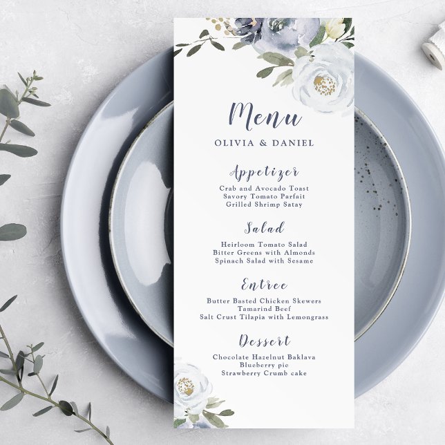 Menu Casamento floral azul-poeirento de cor botânica (Blooming botanical dusty blue floral wedding menu)