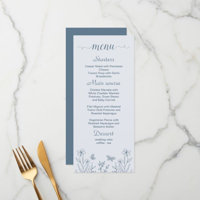 Menu Casamento floral azul simples (Frente/Verso In Situ)