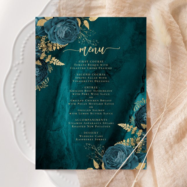 Menu Casamento Floral Azul Turquesa Dourado Elegante (Criador carregado)