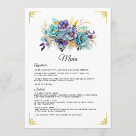 Menu Casamento Floral Azul Turquesa, Roxo e Dourado