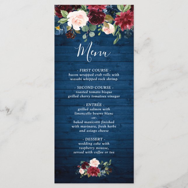 Menu Casamento Floral Blush Marinho Azul (Frente)