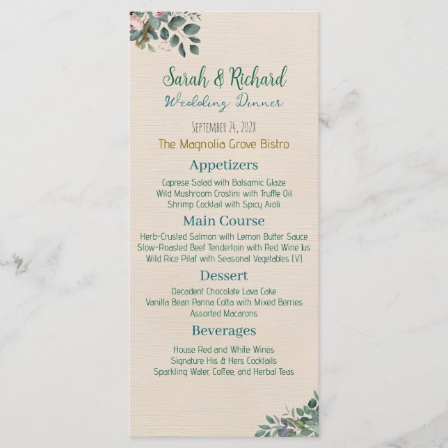 Menu Casamento Floral Blush Sage (Frente)