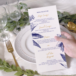 Menu Casamento Floral Boêmio de Ouro e Azul Elegante