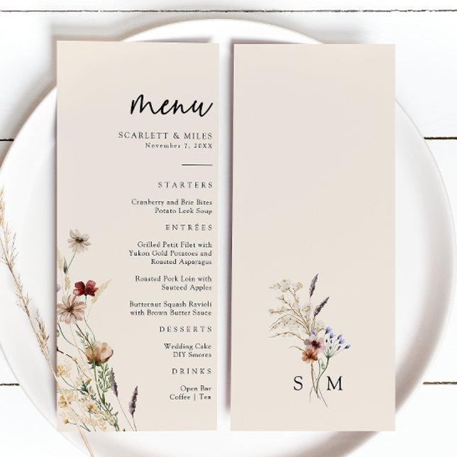 Menu Casamento Floral Boho (Tan Wildflower Floral Boho Wedding Menu by Painted Paperie
)