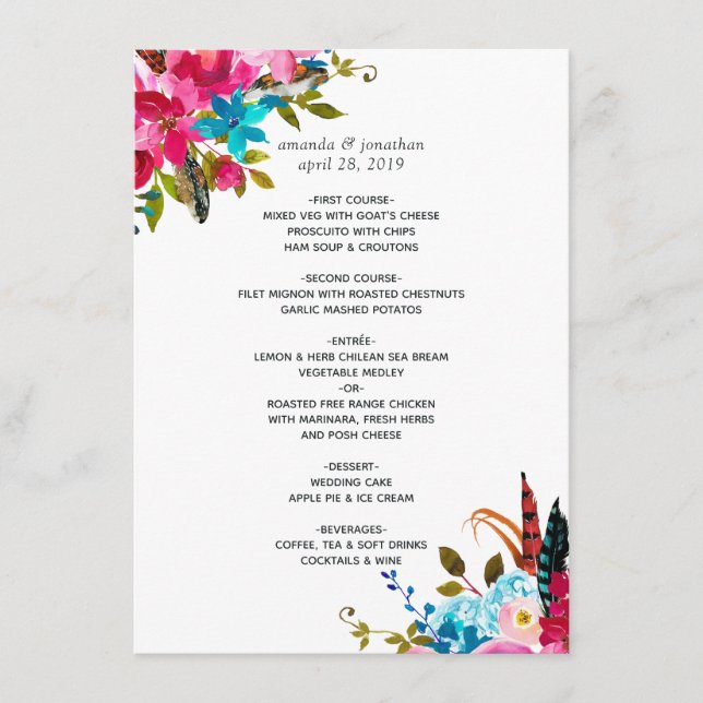 Menu Casamento Floral Boho Chic Aquarela (Frente)