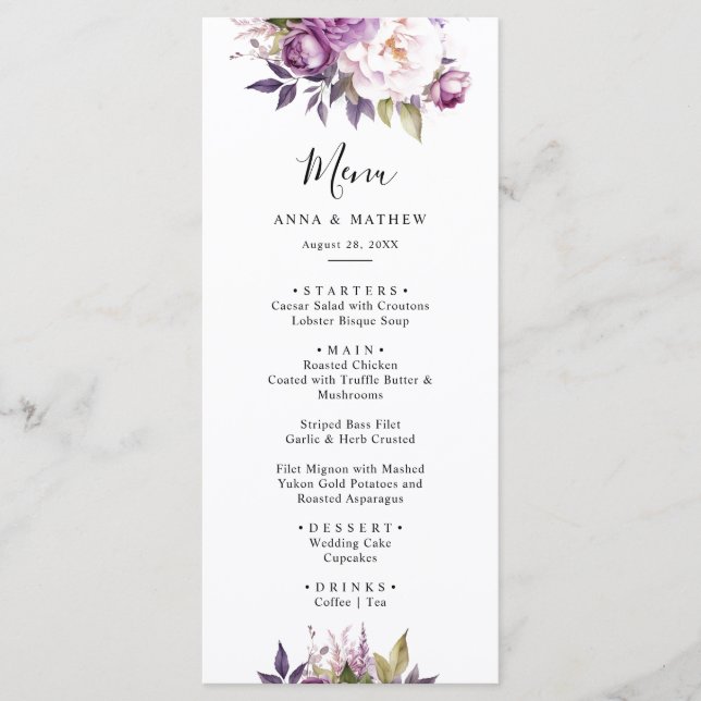 Menu Casamento Floral Boho com Lavanda Roxa (Frente)