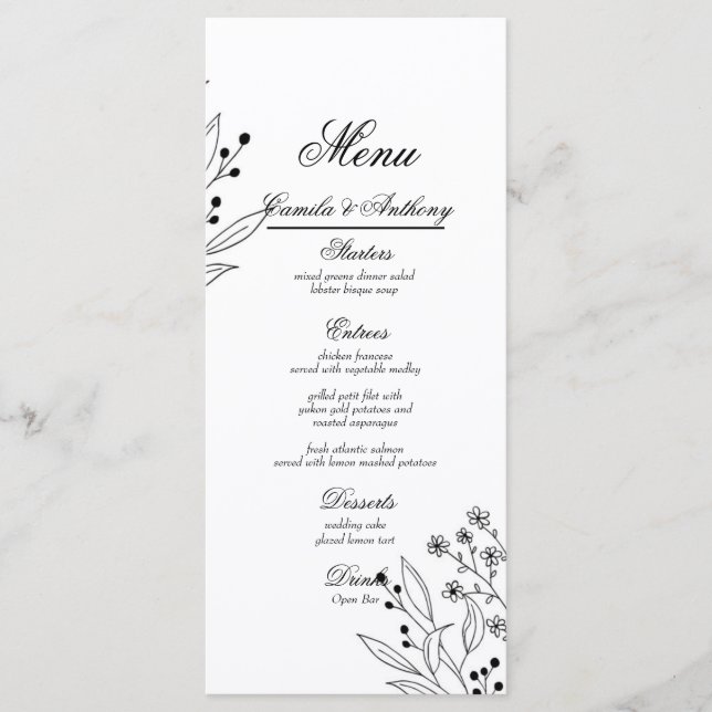 Menu Casamento Floral Boho de Canto Negro e Branco (Frente)