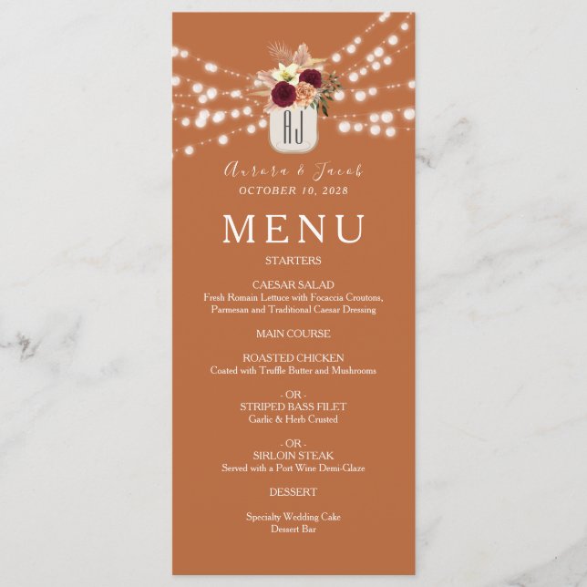 Menu Casamento Floral Boho Laranja (Frente)
