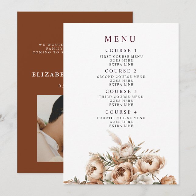 Menu Casamento Floral Boho Outono Pampas Terracota Rúst (Frente/Verso)