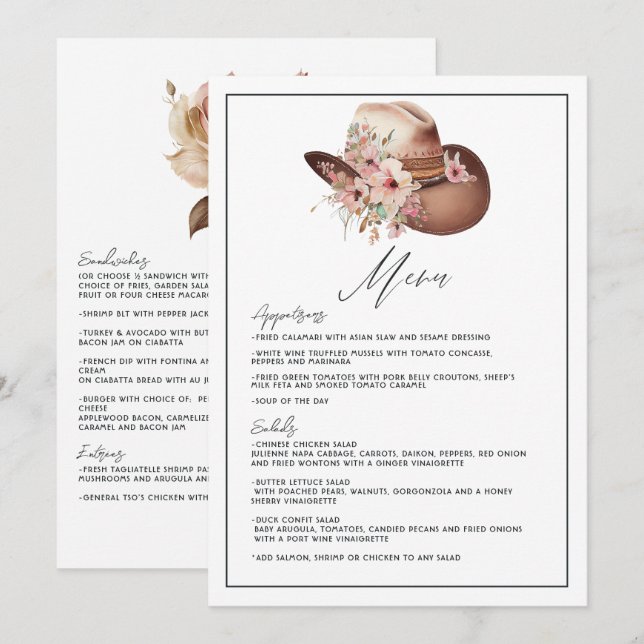 Menu Casamento Floral Boho Western Rústico Cowboy (Frente/Verso)