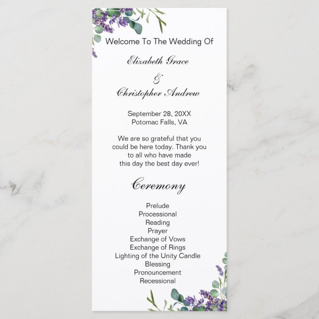 Menu Casamento Floral Botânico de Lavanda Eucalipto (Frente)