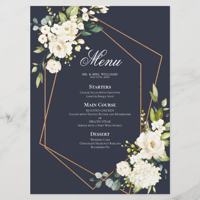 Menu Casamento Floral Branco Azul Geométrico de Cobre (Frente)