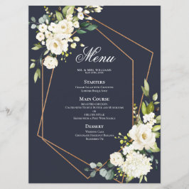 Menu Casamento Floral Branco Azul Geométrico de Cobre