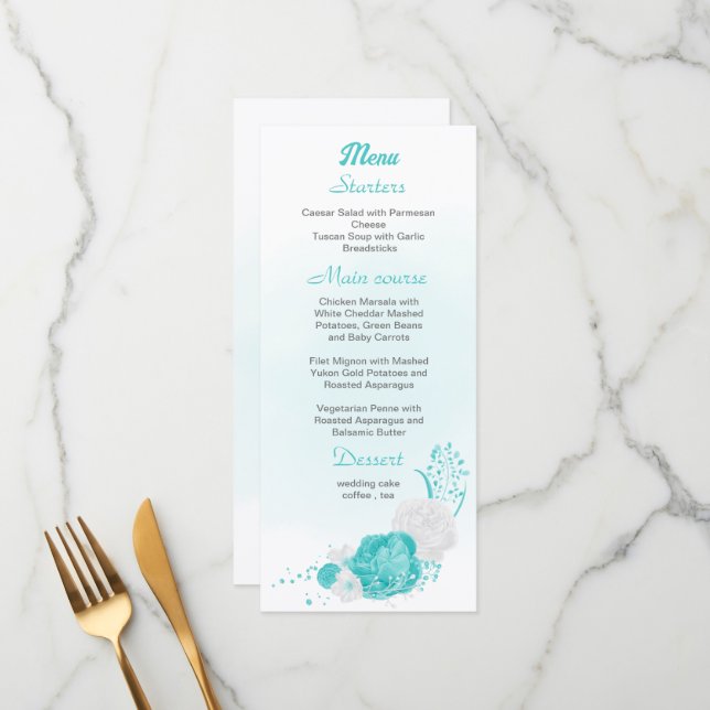 Menu Casamento floral branco de turquesa romântica (Frente/Verso In Situ)