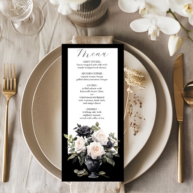 Menu Casamento Floral Branco e Negro Moderno (Criador carregado)